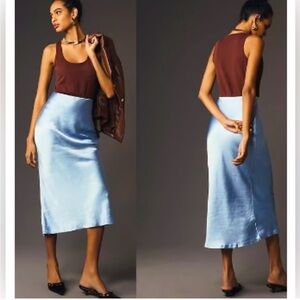 Anthropologie Elegant Blue Satin Midi Skirt